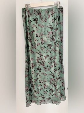 Floral Mint Green Maxi Skirt with Elastic Waist